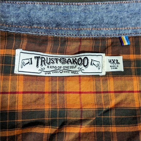 Akoo Button Down Plaid Shirt 4X Multicolor L/S Shoulder Patch Chest Pocket Pins - Picture 4 of 14